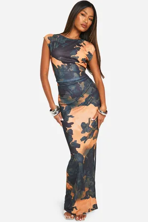 Boohoo Womens Printed Sheer Slash Neck Cap Sleeve Maxi Dress - - 8