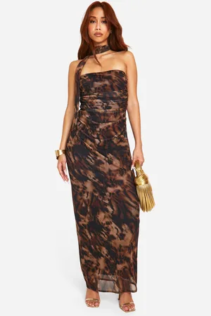 Boohoo Womens Leopard Mesh Scarf Neck Bandeau Maxi Dress - - 18