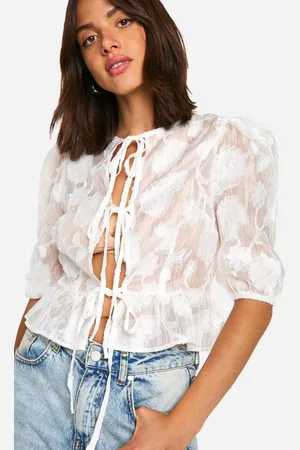 Boohoo Womens Burnout Volume Sleeve Tie Front Blouse - - 6
