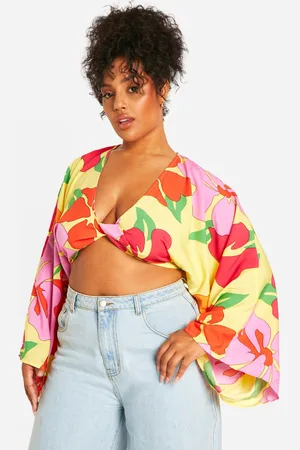 Boohoo Womens Plus Floral Twist Long Sleeve Crop Top - - 16