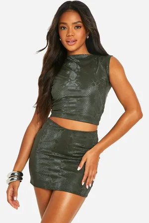 Boohoo Womens Snake Print Pu Cap Sleeve Top And Mini Skirt Set - - 14