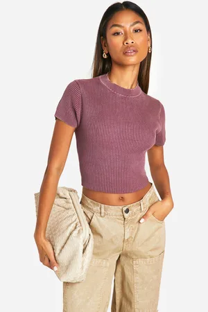 Boohoo Womens Acid Wash Rib Knit Short Sleeve Knitted Top - - 14