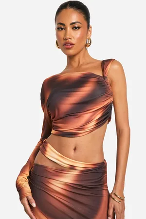 Boohoo Womens Printed Slinky One Shoulder Ruched Side Top - - 12