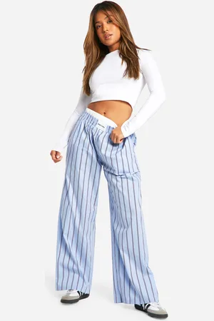 Boohoo Womens Petite Contrast Boxer Waistband Stripe Wide Leg Trousers - - 6