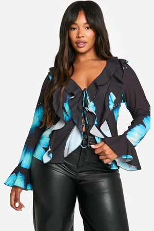 Boohoo Womens Plus Large Print Ruffle Tie Front Blouse - - 28
