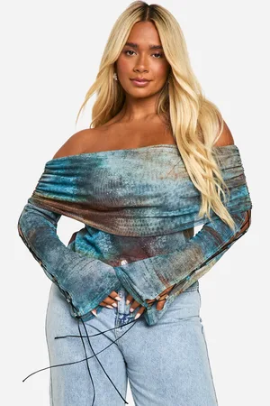 Boohoo Womens Plus Bardot Grunge Print Lace Up Detail Top - - 16