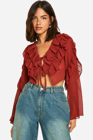 Boohoo Womens Chiffon Ruffle Tie Crop Blouse - - 6