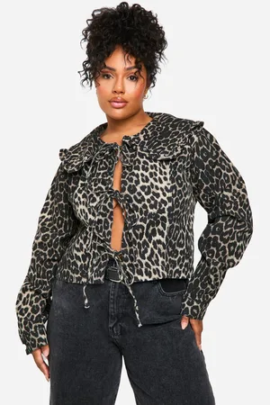 Boohoo Womens Plus Collar Detail Leopard Bow Front Denim Jacket - - 16