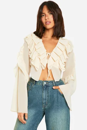 Boohoo Womens Chiffon Ruffle Tie Crop Blouse - - 8