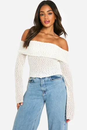Boohoo Womens Boucle Fold Over Bardot Top - - 10