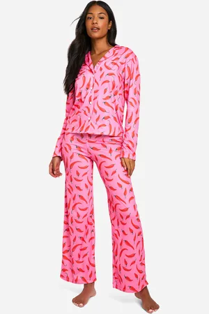 Boohoo Womens Tall Chilli Print Long Sleeve Shirt & Trousers Pyjama Set - - 8