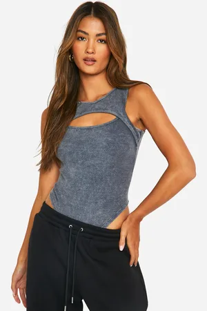 Boohoo Womens Acid Wash Rib Cut Out Bodysuit - - 12