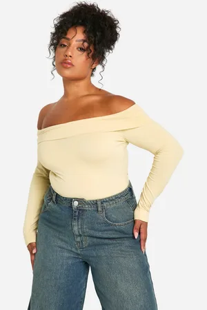 Boohoo Womens Plus Overdyed Cotton Bardot Long Sleeve Bodysuit - - 28