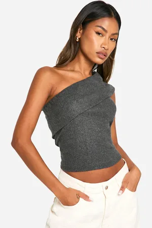 Boohoo Womens Brushed Rib One Shoulder Bardot Top - - 14