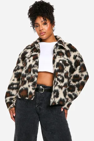Boohoo Womens Plus Leopard Collared Wool Jacket - - 16