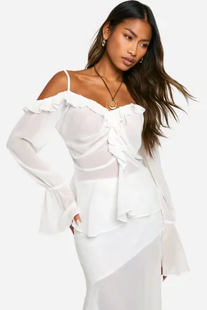 Boohoo Womens Chiffon Cold Shoulder Ruffle Blouse - - 6