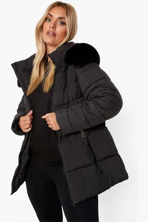 Boohoo Womens Plus Faux Fur Trim Belted Puffer Jacket - - 18