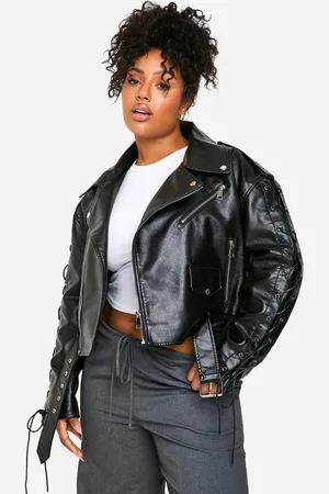 Boohoo Womens Plus Lace Up Detail Oversized Faux Leather Biker Jacket - - 16