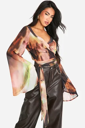 Boohoo Womens Floral Chiffon Flare Sleeve Wrap Blouse - - 10