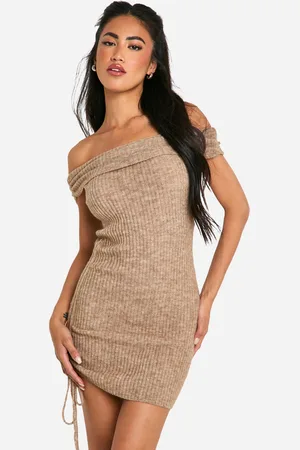 Boohoo Womens Rib Knit Bardot Ruched Mini Dress - - S