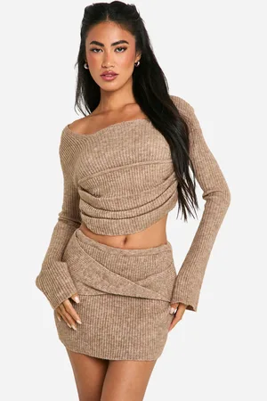 Boohoo Womens Rib Knit Corset Detail Top & Mini Skirt Co-Ord - - L