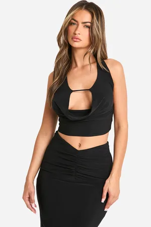 Boohoo Womens Double Layer Slinky Halterneck Cowl Front Crop Top - - 16