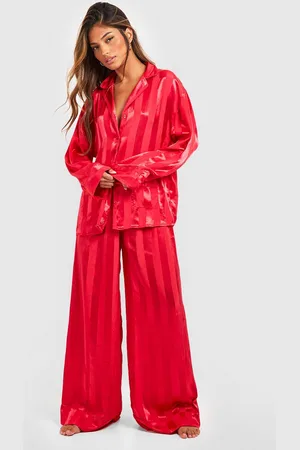 Boohoo Womens Premium Satin Stripe Double Pocket Long Sleeve Shirt & Trousers Pyjama Set - - 6