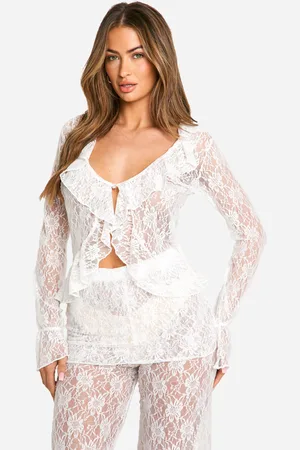 Boohoo Womens Lace Tie Front Flare Sleeve Blouse - - 12