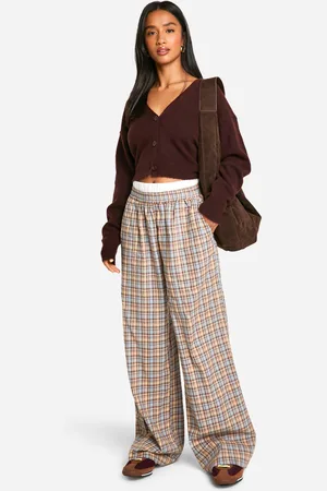 Boohoo Womens Petite Contrast Waistband Check Wide Leg Trouser - - 6