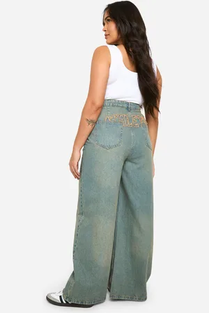 Boohoo Womens Plus Vintage Wash Distressed Applique Straight Leg Jeans - - 16