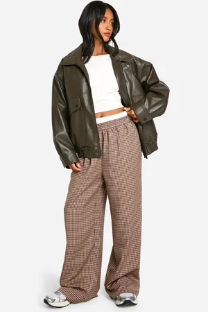 Boohoo Womens Petite Contrast Waistband Grid Check Wide Leg Trouser - - 8