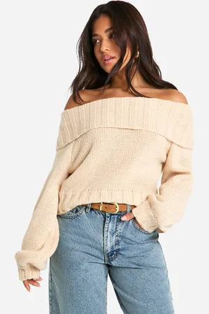 Boohoo Womens Petite Ribbed Bardot Balloon Sleeve Knitted Jumper - - S
