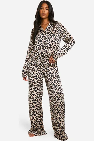 Boohoo Womens Tall Leopard Print Satin Long Sleeve Shirt & Trousers Pyjama Set - - 16