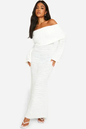 Boohoo Womens Petite Boucle Extreme Foldover Bardot Knitted Maxi Dress - - S