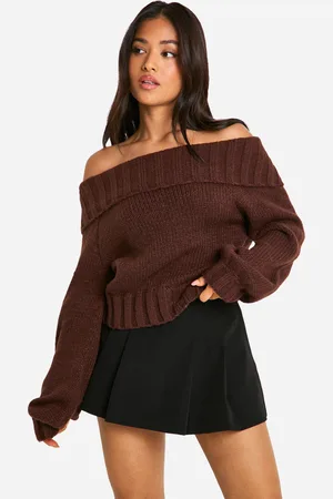 Boohoo Womens Petite Ribbed Bardot Balloon Sleeve Knitted Jumper - - S