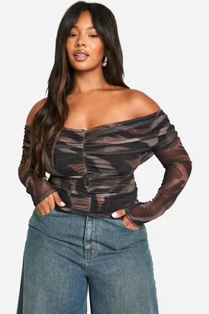 Boohoo Womens Plus Animal Ruched Front Bardot Long Sleeve Top - - 24