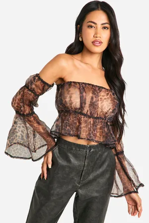 Boohoo Womens Organza Leopard Print Bardot Crop Smock Top - - 6