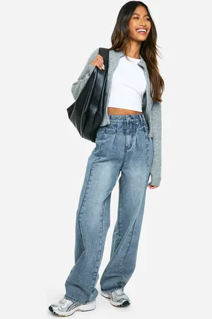 Boohoo Womens Pleat Detail Seam Front Baggy Boyfriend Jeans - - 14