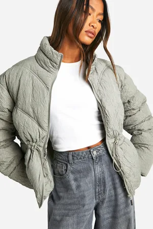 Boohoo Womens Crinkle Cinched Waist Puffer Jacket - - 8