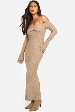 Boohoo Womens Rib Knit Bardot Halterneck Maxi Dress - - S