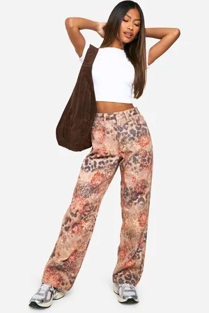 Boohoo Womens Rose Leopard Print Straight Leg Jean - - 6