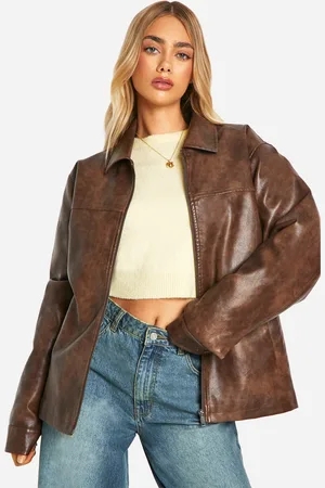 Boohoo Womens Vintage Look Faux Leather Zip Jacket - - 14