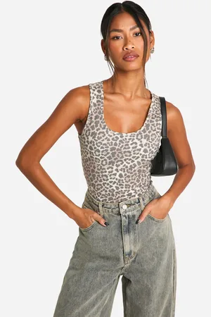 Boohoo Womens Basic Animal Print Cotton Scoop Racer Crop Top - - 6
