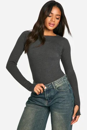 Boohoo Womens Rib Distressed Look Long Sleeve Bodysuit - - 14