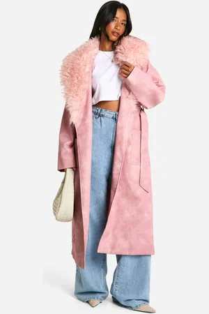 Boohoo Womens Petite Faux Fur Collar Vintage Look Faux Leather Trench Coat - - 8