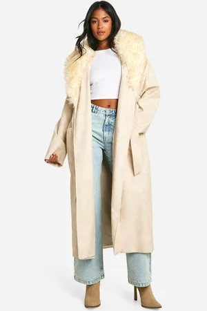 Boohoo Womens Tall Faux Fur Collar Vintage Look Faux Leather Trench Coat - - 6
