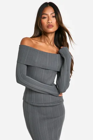 Boohoo Womens Lightweight Rib Knitted Bardot Long Sleeve Top - - L
