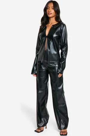 Boohoo Womens Petite Pu Tie Front Shirt And Trouser Set - - 6