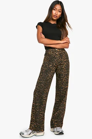 Boohoo Womens Leopard Print Stretch Straight Leg Jean - - 16
