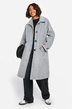 Boohoo Womens Tall Herringbone Check Longline Wool Look Coat - - 8